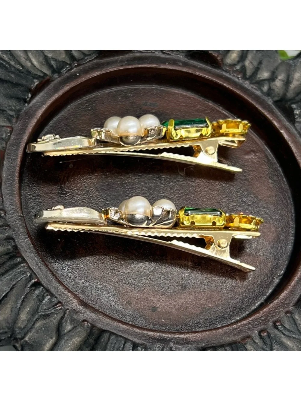 Gold-Tone Green Crystal & Pearl Hair Clips FINAL PRICE DROP